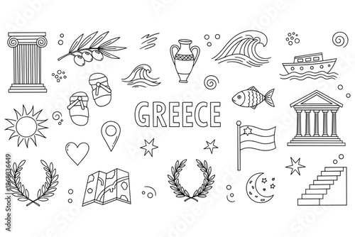 Outline icons of greek culture featuring architecture, olive branches, and traditional symbols