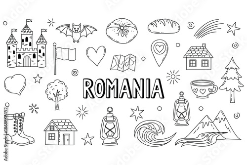 Romania symbols and landmarks doodle: castles, bread, lanterns, and nature elements