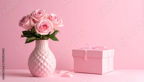 Pink roses in patterned glass vase beside matching pink gift box on monochromatic pink background.