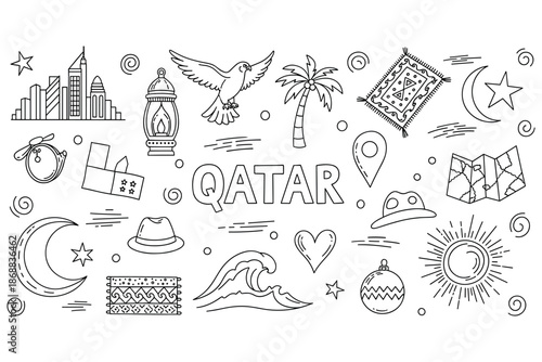 Qatar travel icons: culture, heritage, and landmarks in doodle art
