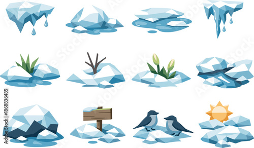Low-Poly Spring Icons. Low-poly vector icon set for melting snowdrifts and early spring thaw, featuring angular polygonal geometry