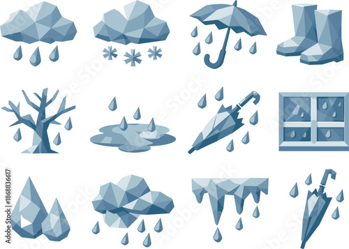 February Rain Icons. Low-poly polygonal vector icon set focused on February rain, late winter precipitation, wet-weather scenery,