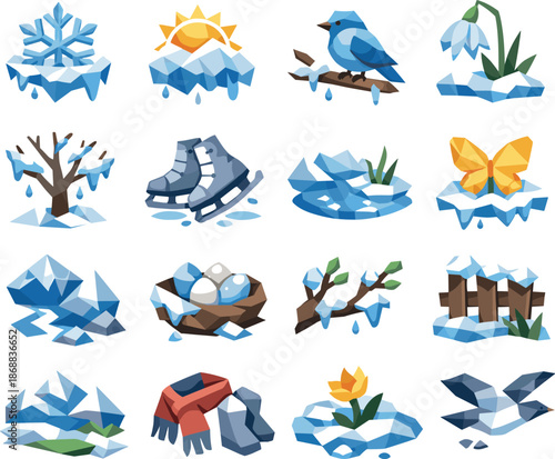 Winter Farewell Icons. Winter’s end and seasonal farewell illustrated as a cohesive low-poly vector icon set built from angular