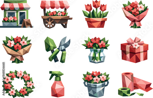 Floral Icon Set. Floral store and bouquet market illustrated as a cohesive low-poly vector icon set built from angular polygonal