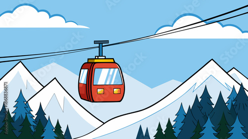 Red cable car traversing a picturesque snow-covered mountain landscape under a clear blue sky