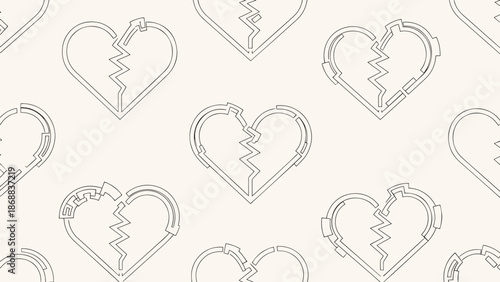 Seamless Pattern of Geometric Broken Heart Outlines with Tech-Inspired Linear Details on Cream Background
