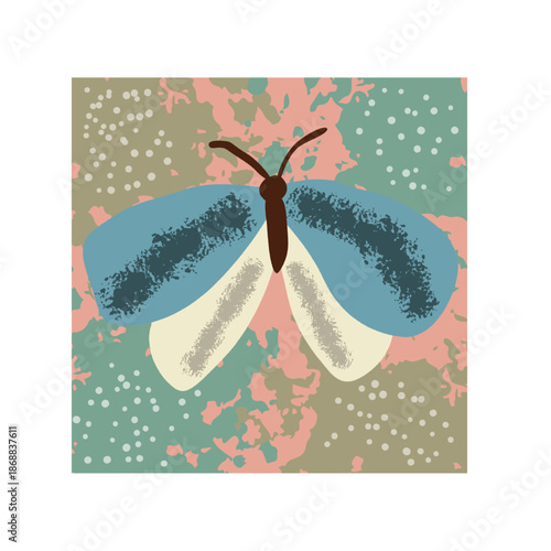 Stylized Butterfly Illustration Blue and Cream Wings with Polka Dots on Abstract Camouflage nature Background
