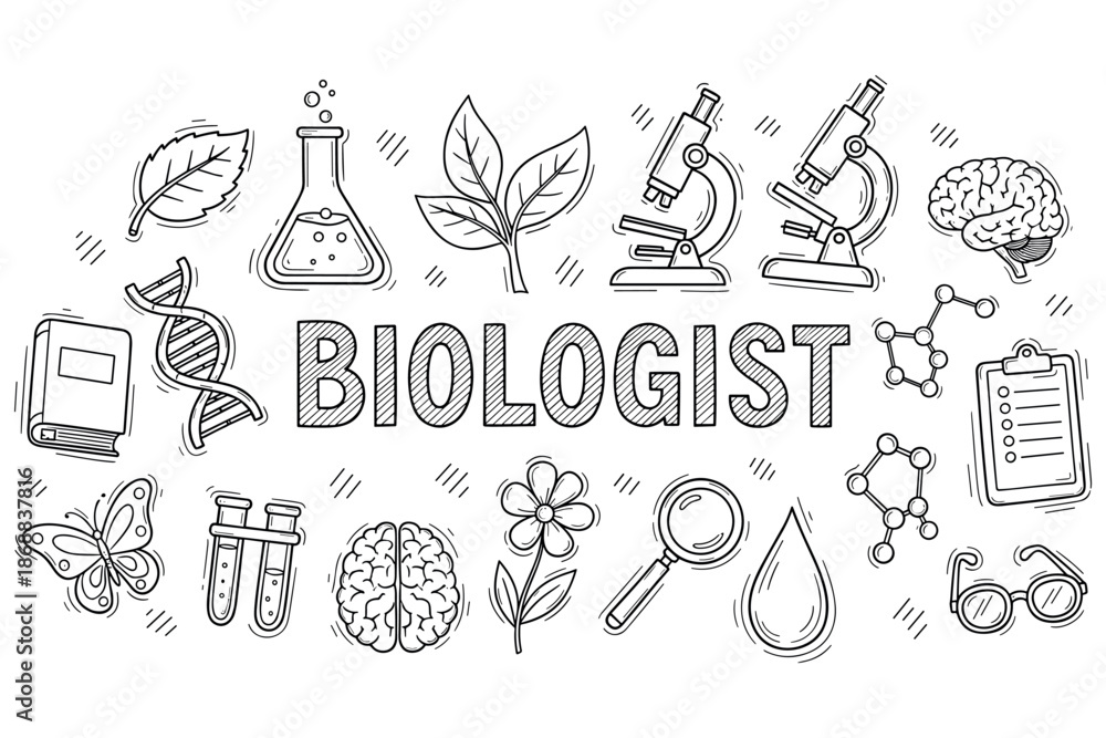 Fototapeta premium Biologist tools and symbols with dna, microscope, and nature elements in line art