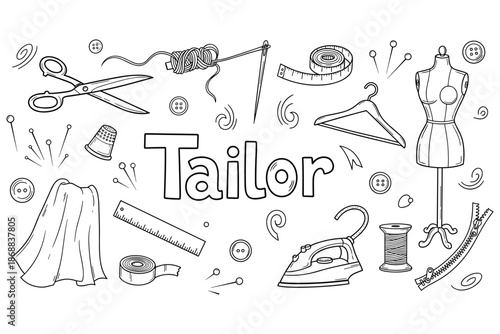 Hand-drawn tailoring tools: scissors, tape measure, and sewing kit elements