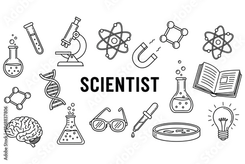 Science icons: lab equipment and symbols illustration with dna and atom