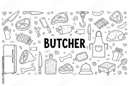 Hand-drawn butcher tools and meats doodle collection on white background