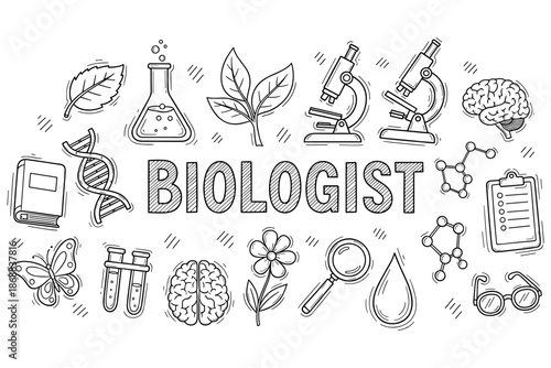 Biologist tools and symbols with dna, microscope, and nature elements in line art