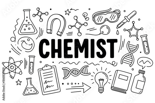 Chemistry doodles: science symbols, molecules, and chemical tools