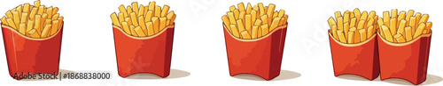 set of icons of fried potatoes in red packaging from different angles and perspectives, for menus, promotional materials or social networks