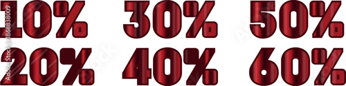 set of different discount percentages with a distinctive red texture, for promotional materials, for seasonal discounts or other designs on the theme of promotions