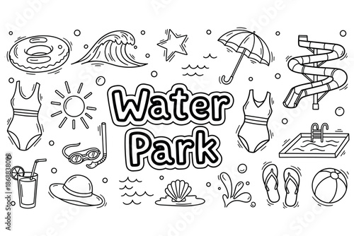 Water park fun with swimsuits, waves, and slides - doodle art