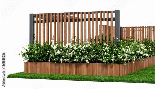 Wooden Garden: A contemporary garden design, featuring a wooden fence with vertical slats, planters filled with white flowers, and lush green grass creates an inviting and serene outdoor space.