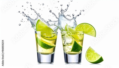 Tequila Splash: Vibrant shots of tequila, garnished with fresh lime, burst with refreshing energy, water splashes dancing in the air.