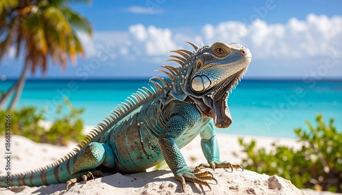 Tropical Iguana on Shoreline: An eye-level shot captures a magnificent iguana, its turquoise scales shimmering under the sun, basking on the white sand. Beyond.