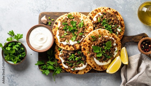 Delectable Middle Eastern Delight: Overhead shot of beautifully presented meat pies with toppings on a wooden board. The scene captures the essence of culinary artistry and evokes a sense of flavor.