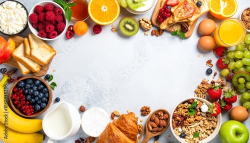 Breakfast spread delight: A vibrant assortment of wholesome breakfast foods arranged artistically, creating a visually appealing array of nourishment and starting the day right.