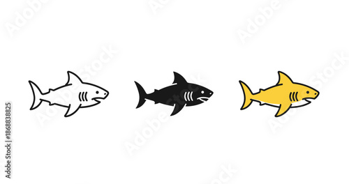 Three colorful shark illustrations in sequence on white background