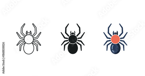 Illustration of three stylized black spiders in different artistic designs