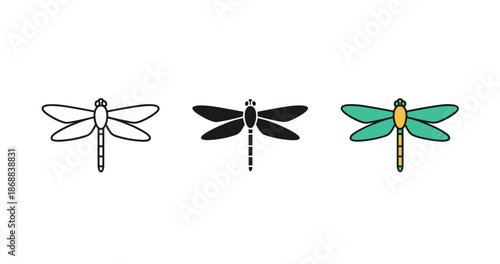 Dragonfly icon variations: outline, solid, and colored designs on white background © supplement