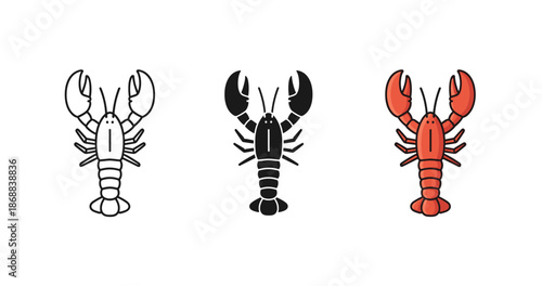 Three cartoon lobsters in black, gray, and red on white background