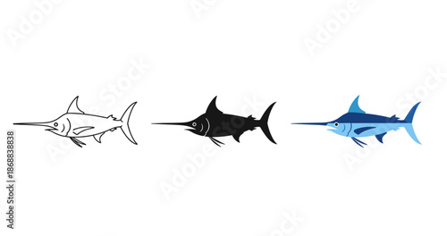 Swordfish trio: outline, silhouette, and colorful styles display