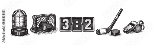 A vintage style illustration of hockey equipment including a net, puck, stick, scoreboard, and whistle set against a white background.