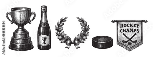 A vintage engraving style collection of hockey championship symbols including a trophy, champagne bottle, laurel wreath, puck, and victory banner.