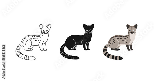 Illustration of three genets in various styles on white background