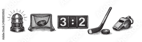 A vintage-style black and white sketch illustrates essential hockey game elements, including a scoreboard, net with puck, stick, and whistle, perfect for sports-themed designs.