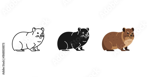 Illustration of three stylized guinea pigs: outline, silhouette, colorful