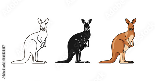 Kangaroo trio: line art, silhouette, and color illustration