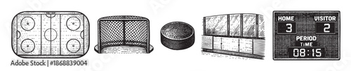 A vintage black and white illustration showcases essential ice hockey elements including a rink diagram, net, puck, rink boards, and a scoreboard displaying scores and time.