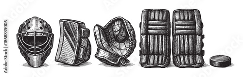 Detailed black and white sketch of vintage hockey goalie equipment including a mask, blocker, glove, leg pads, and puck on a clean white background.