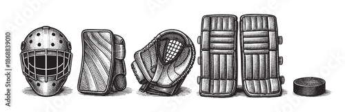 A vintage, black and white illustration depicts a full set of hockey goalie equipment, including a mask, blocker, catcher, leg pads, and a puck, presented in a row.