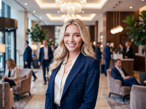 Attraktive Frau im Business-Outfit steht in einer Hotel-Lobby und lächelt in die Kamera.
