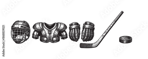A detailed black and white engraving depicts essential ice hockey gear including a helmet, shoulder pads, gloves, stick, and puck arranged on a white background.
