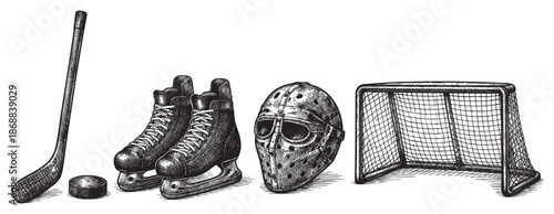 A detailed line drawing of essential hockey equipment, including a stick, puck, skates, mask, and net, presented on a white background for versatile use.