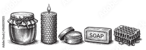 This is a detailed black and white sketch of five bee products: a jar of honey, a beeswax candle, a pot of cream, a bar of soap, and a piece of honeycomb.