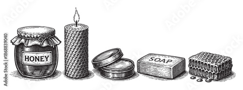 A vintage-style line drawing features a jar of honey, a honeycomb-textured candle, a balm container, a bar of soap, and a piece of honeycomb.