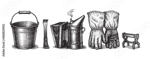 A detailed, black and white etching style illustration showcasing essential beekeeping equipment arranged on a white background, ideal for educational or rustic design themes.
