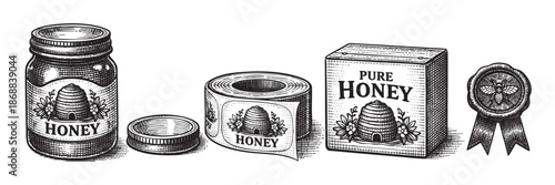Vintage line art collection of honey packaging, including a jar, roll of labels, box, and a seal, perfect for artisanal food branding and retro designs.