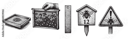 A vintage black and white illustration shows beekeeping equipment including a frame of bees, a small tray, a ruler, a bee house, and a warning sign.