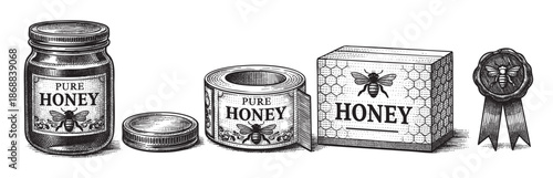 Vintage black and white illustration of pure honey products including a jar, can, box, and a wax seal, all featuring bee motifs and honeycomb patterns.