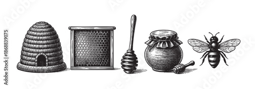 This vintage illustration features a beehive, honeycomb frame, honey dipper, jar of honey, and a bee, rendered in a classic black and white sketch style.