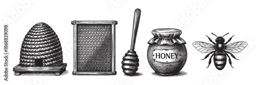 A detailed black and white illustration depicts a vintage beehive, honeycomb frame, honey dipper, jar of honey, and a bee, representing beekeeping and natural sweetness.